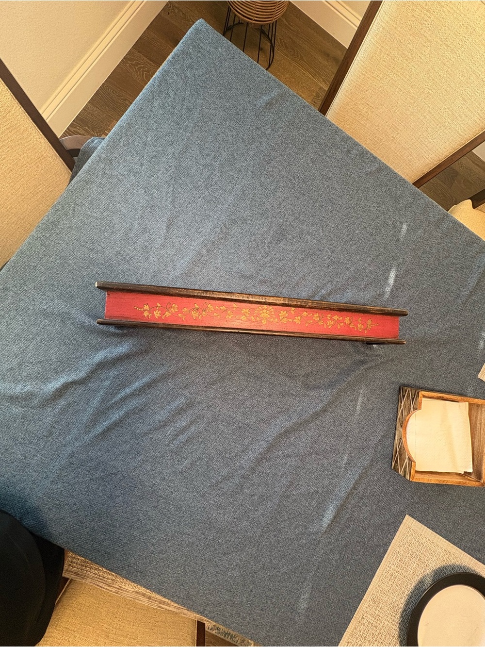 Red Decorative Wall Display Shelf with Gold Floral Accent